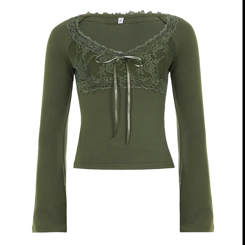 Damen Langärmeliges Slim-Fit Shirt mit Spitzen-Bustier-Einsatz und Zierschleife – Maréline