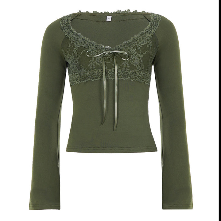 Damen Langärmeliges Slim-Fit Shirt mit Spitzen-Bustier-Einsatz und Zierschleife – Maréline