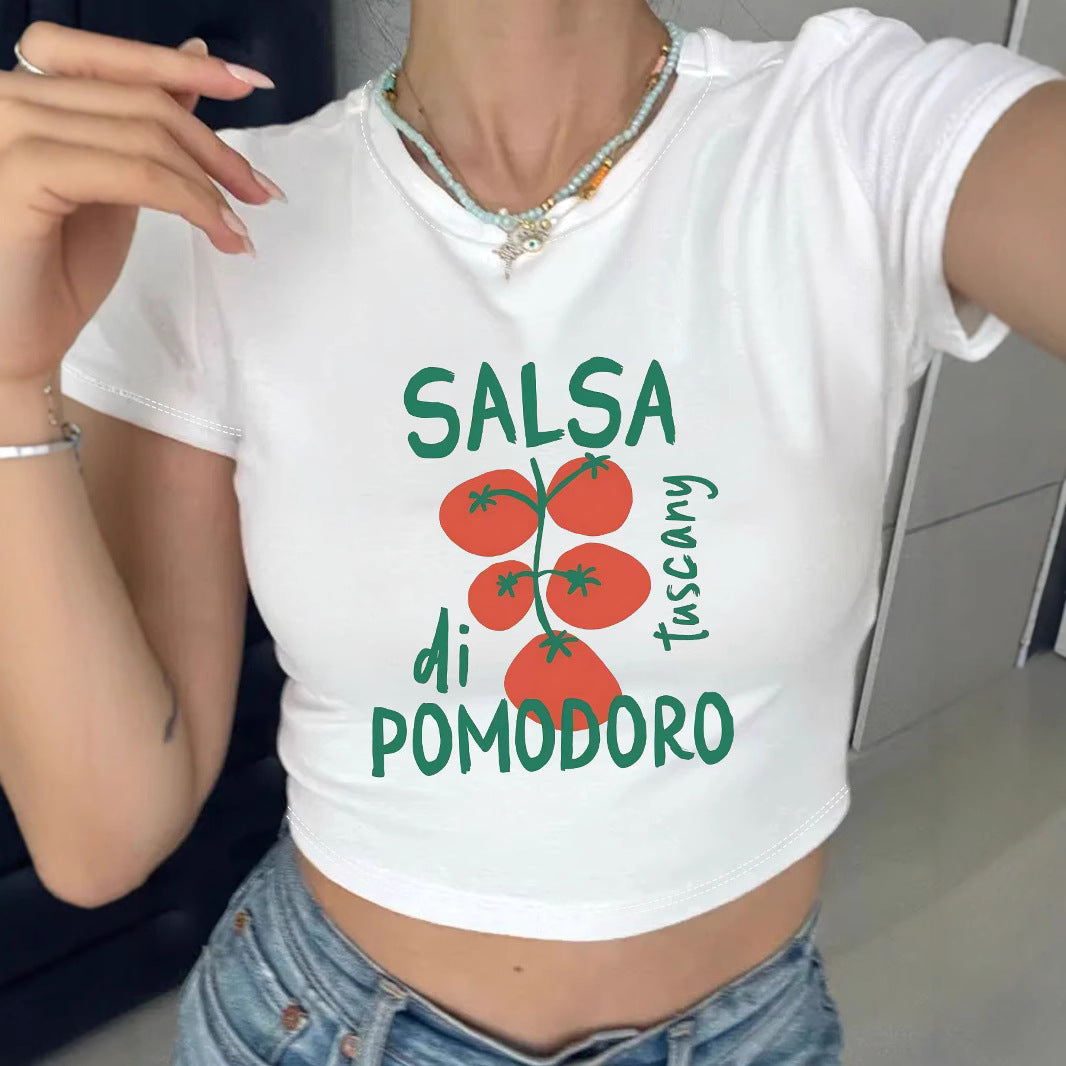 Damen Crop-Top mit kreativem Tomatenmotiv und witzigem Schriftzug Echo Archiv