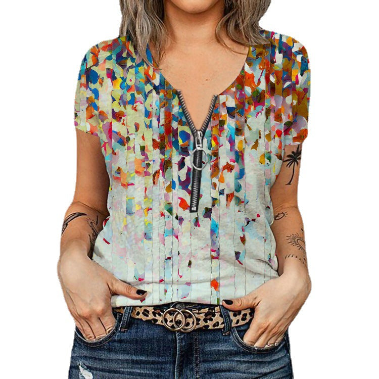 Damen V-Ausschnitt T-Shirt mit Reißverschluss und floralem Muster Echo Archiv
