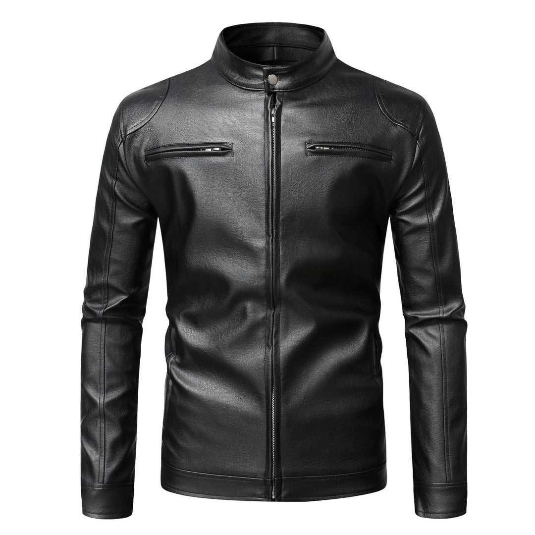 Herren Schmale Lederjacke im Urban-Bikerstil mit Stehkragen und Brust-Reißverschlusstaschen Echo Archiv