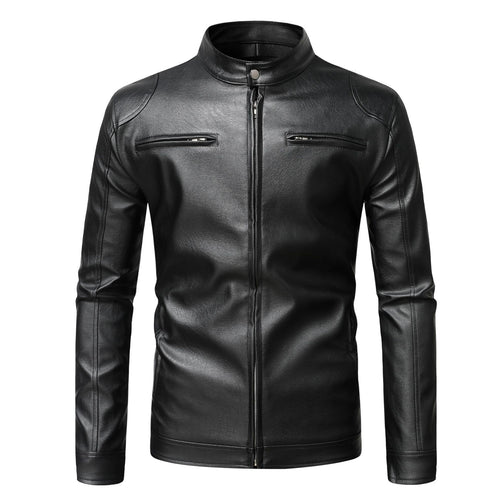 Herren Schmale Lederjacke im Urban-Bikerstil mit Stehkragen und Brust-Reißverschlusstaschen Echo Archiv