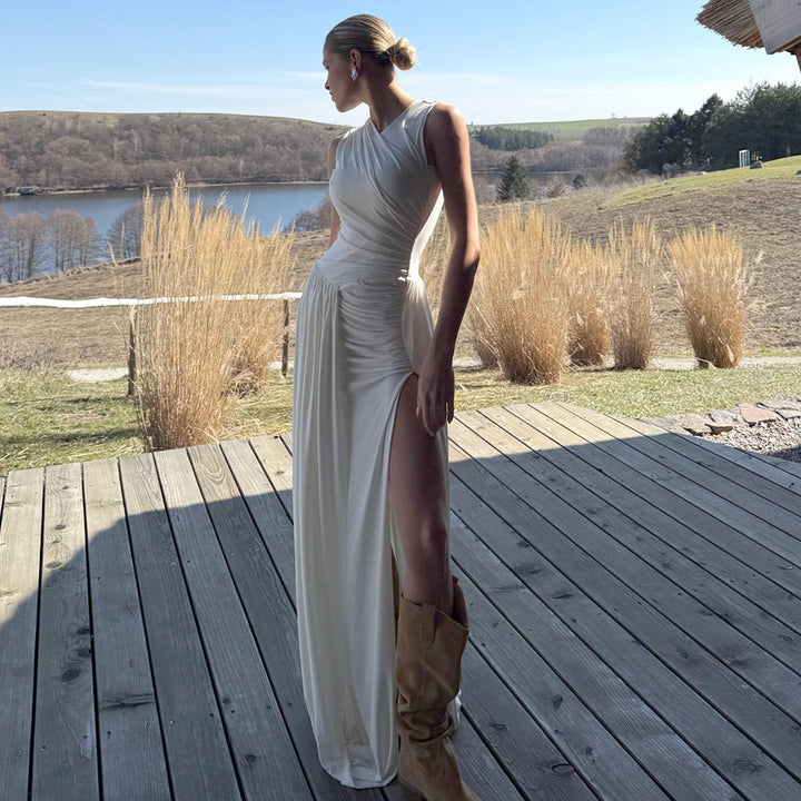 Damen Elegantes langes Kleid mit drapiertem Rock und seitlichem Schlitz Echo Archiv
