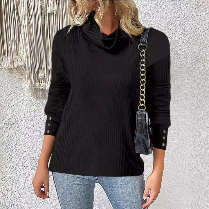 Damen Rippschneider Rollkragenpullover mit 3/4-Ärmeln und dekorativer Knopfleiste Echoarchiv