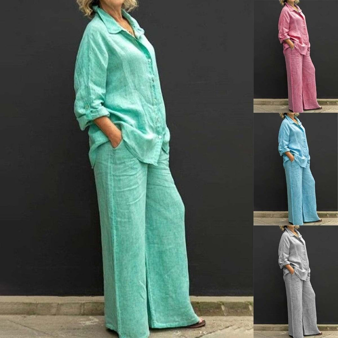 Damen Leichtes Leinen-Loungewear-Set mit Oversized-Hemd und weiter Palazzo-Hose Echo Archiv