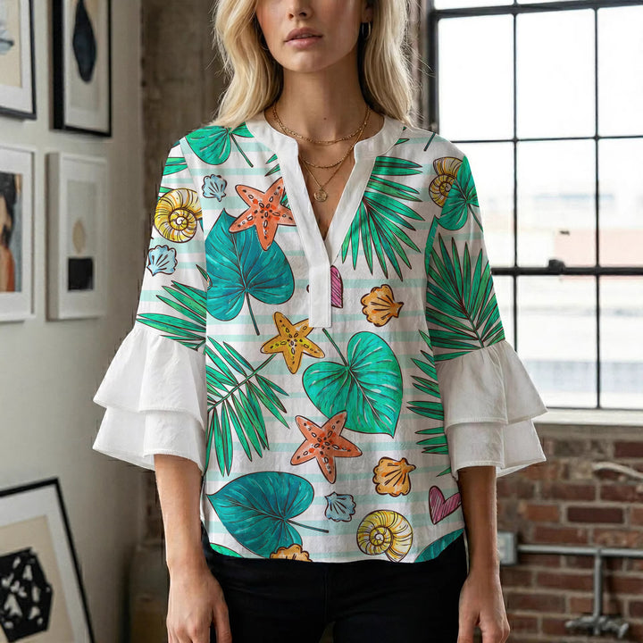 Damen Bluse mit voluminösen Rüschenärmeln und modernem Motiv Echo Archiv