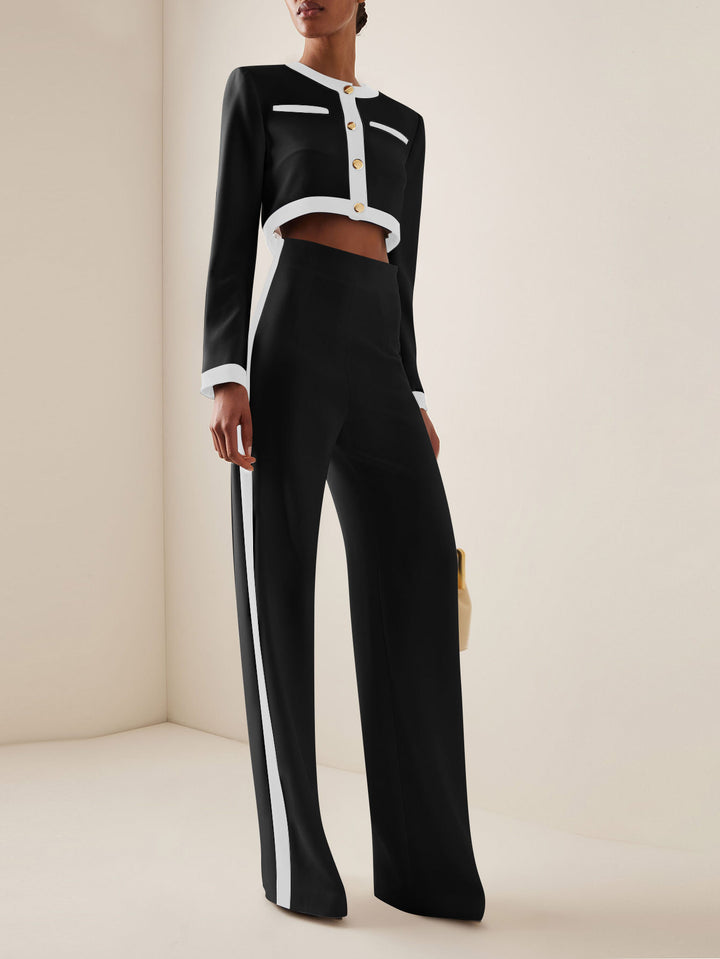 Damen Kurzgeschnittenes Cropped-Tailoring-Set mit Kontrastpaspel und High‑Waist Palazzo-Hose – Avélisse