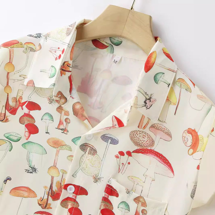 Damen Langarm Hemd mit kreativem Pilzmuster und hochwertigen Materialien Echoarchiv