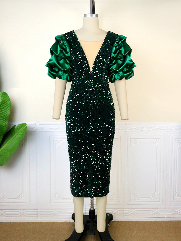 Damen glamouröses Abendkleid mit Puffärmeln Echo Archiv