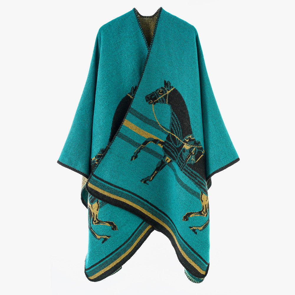 Damen Poncho-Cape aus Wollmix mit gewebtem Pferde-Jacquard und kontrastkettelung – Avérine
