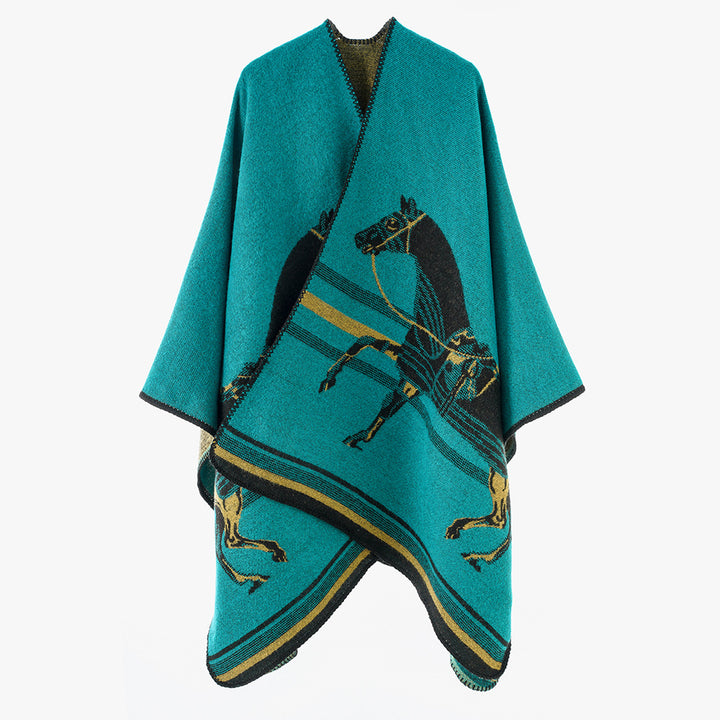 Damen Poncho-Cape aus Wollmix mit gewebtem Pferde-Jacquard und kontrastkettelung – Avérine