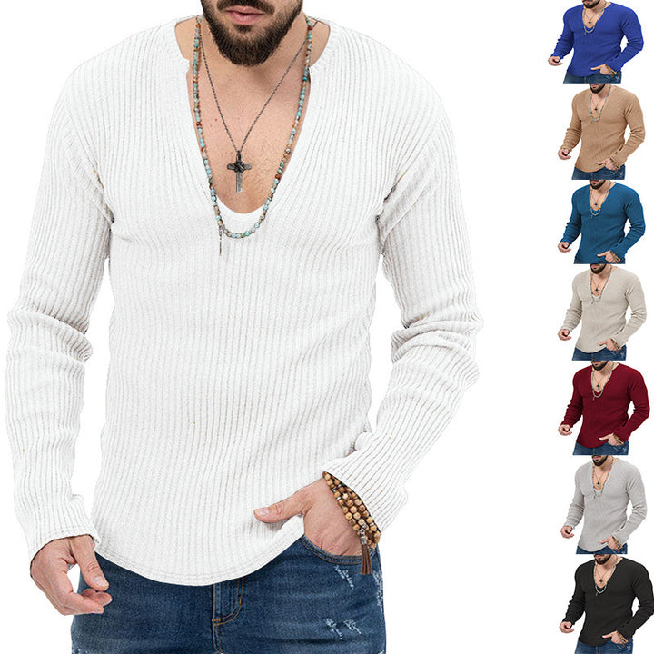 Herren Langarm-Rippenpullover mit tiefem V-Ausschnitt und modernem Schnitt Echoarchiv