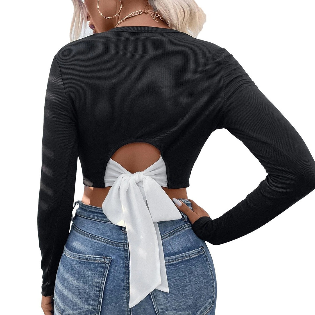 Damen figurnahes geripptes Crop-Longsleeve mit Rundhalsausschnitt und formstabiler Stretchfaser – Avérine