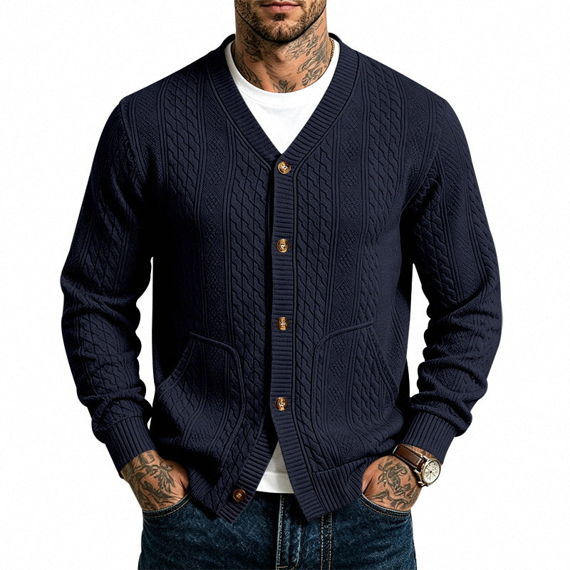 Herren Strukturierter Strickcardigan mit V-Ausschnitt und Zopfmuster – Terenzo