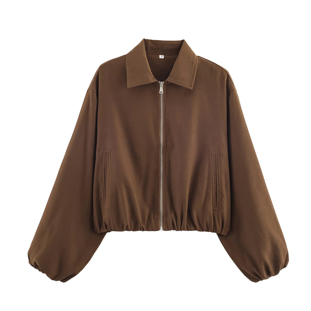 Damen nan Cropped Bomberjacke mit durchgehendem Reißverschluss, weitem Ballonärmeln und elastischem Saum Echo Archiv