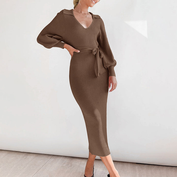 Damen Figurbetontes Rippstrick Midikleid mit V Ausschnitt Schalkragen Ballonärmeln und Bindegürtel Echoarchiv