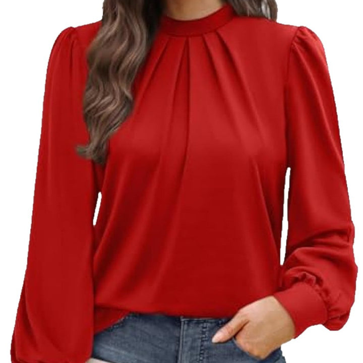 Damen Langärmelige Satinbluse mit Stehkragen, Brustfalten und gerippten Bündchen – Élovi