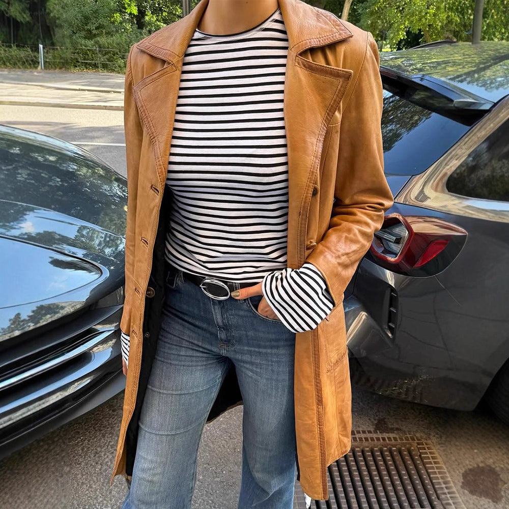 Damen Langer taillierter Leder‑Trenchcoat mit doppelreihiger Knopfleiste und Reverskragen Echoarchiv