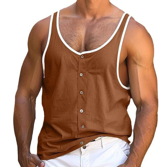 Herren nan Leinenoptik-Tanktop mit sichtbarer Knopfleiste und kontrastierter Einfassung Echo Archiv
