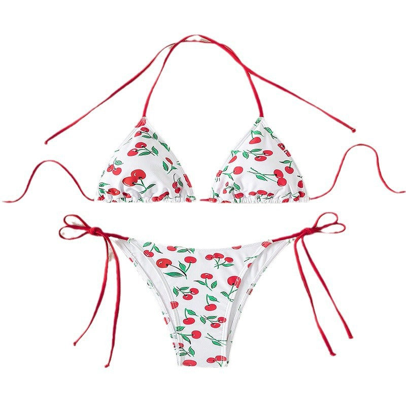 Damen Triangel-Bikini mit frischem Kirschmotiv und verstellbaren Bindebändern Echo Archiv