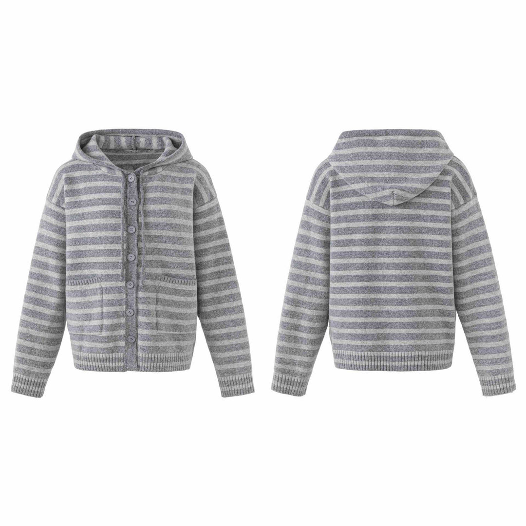 Damen Kapuzenstrickjacke mit Knopfleiste und Blockstreifen Echoarchiv