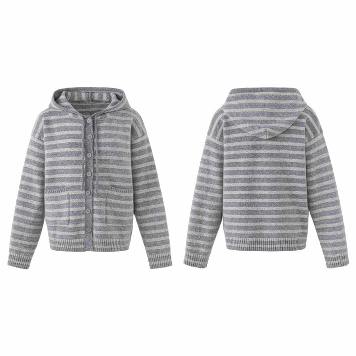 Damen Kapuzenstrickjacke mit Knopfleiste und Blockstreifen Echoarchiv