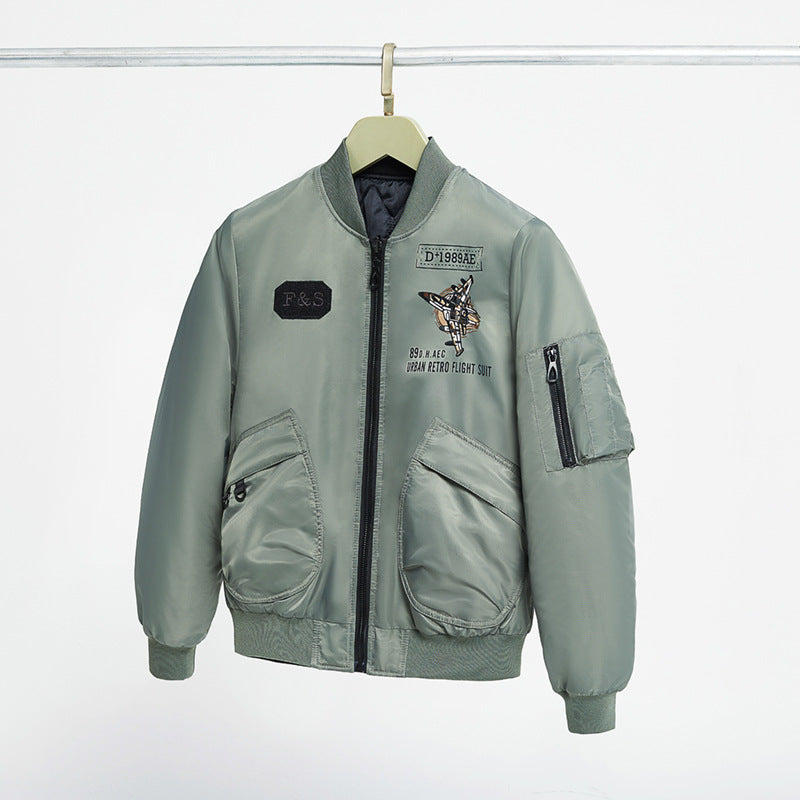 Men's padded pilot-style bomber jacket with embroidered jet motif and dual angled front cargo pockets – Brevano