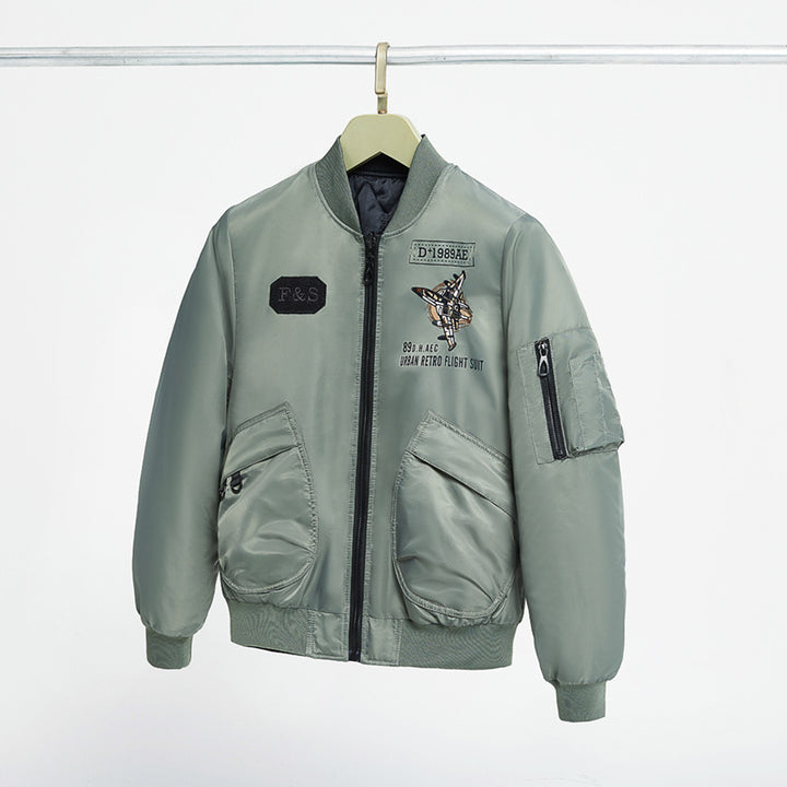 Men's padded pilot-style bomber jacket with embroidered jet motif and dual angled front cargo pockets – Brevano