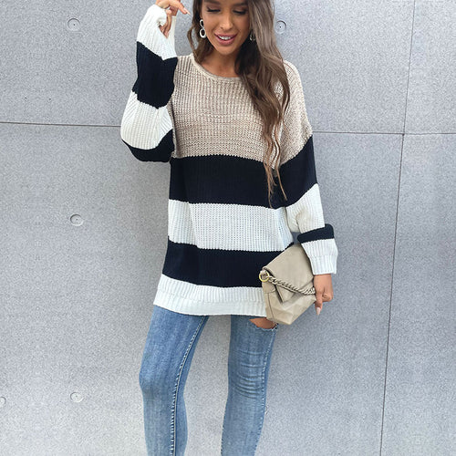 Damen Oversize-Blockstreifen-Pullover aus grobem Strick mit weitem Schnitt Echoarchiv