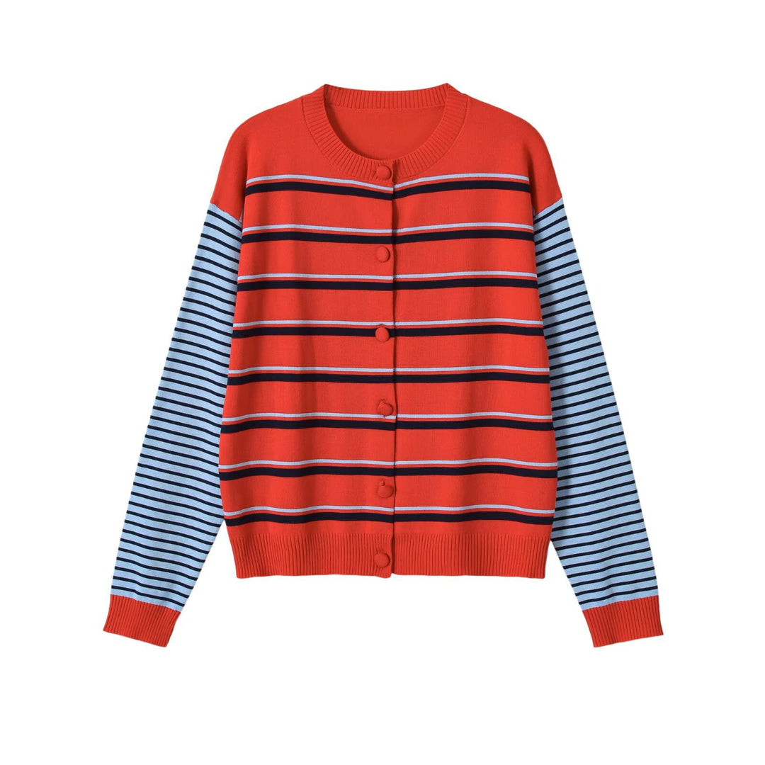 Damen gestreifte Baumwollmix-Strickjacke mit Kontrastärmeln und durchgehender Knopfleiste Echo Archiv