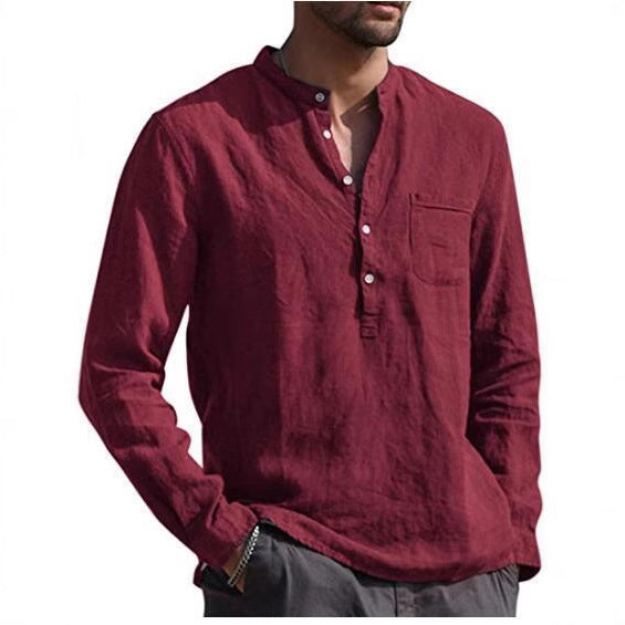 Herren Leinenhemd mit klassischem Henley-Ausschnitt und Brusttasche Echoarchiv