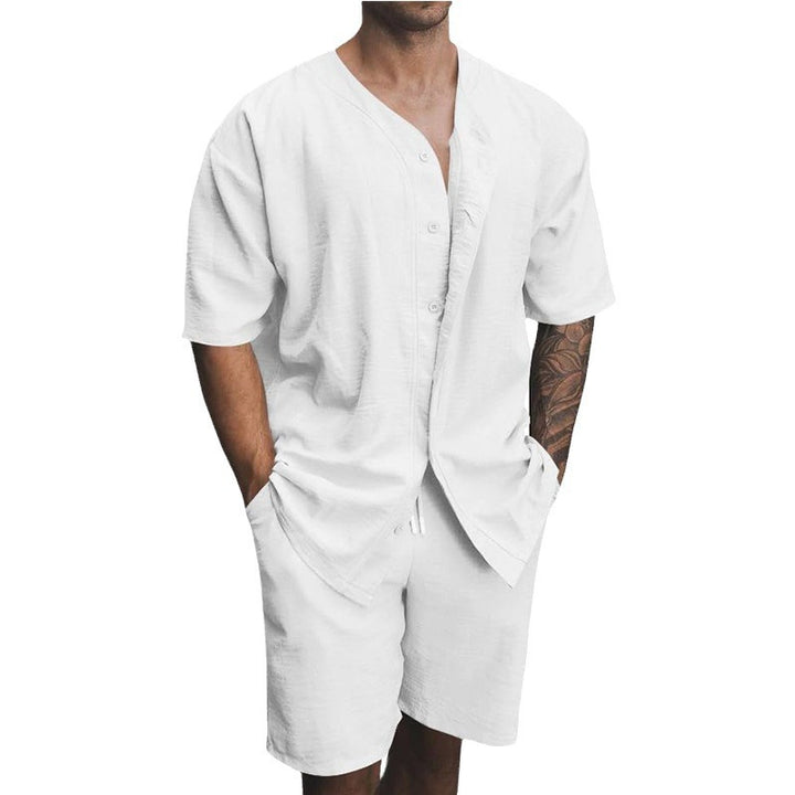 Herren luftiges Sommer-Freizeit-Set mit kurzärmeliger Knopfleiste und lässigen Shorts Echoarchiv