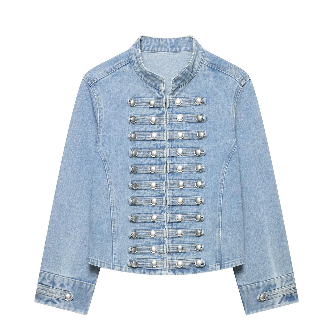 Damen Taillierte Denim‑Blazerjacke im militärisch inspirierten Marschallstil mit Zierknopfleiste Echo Archiv