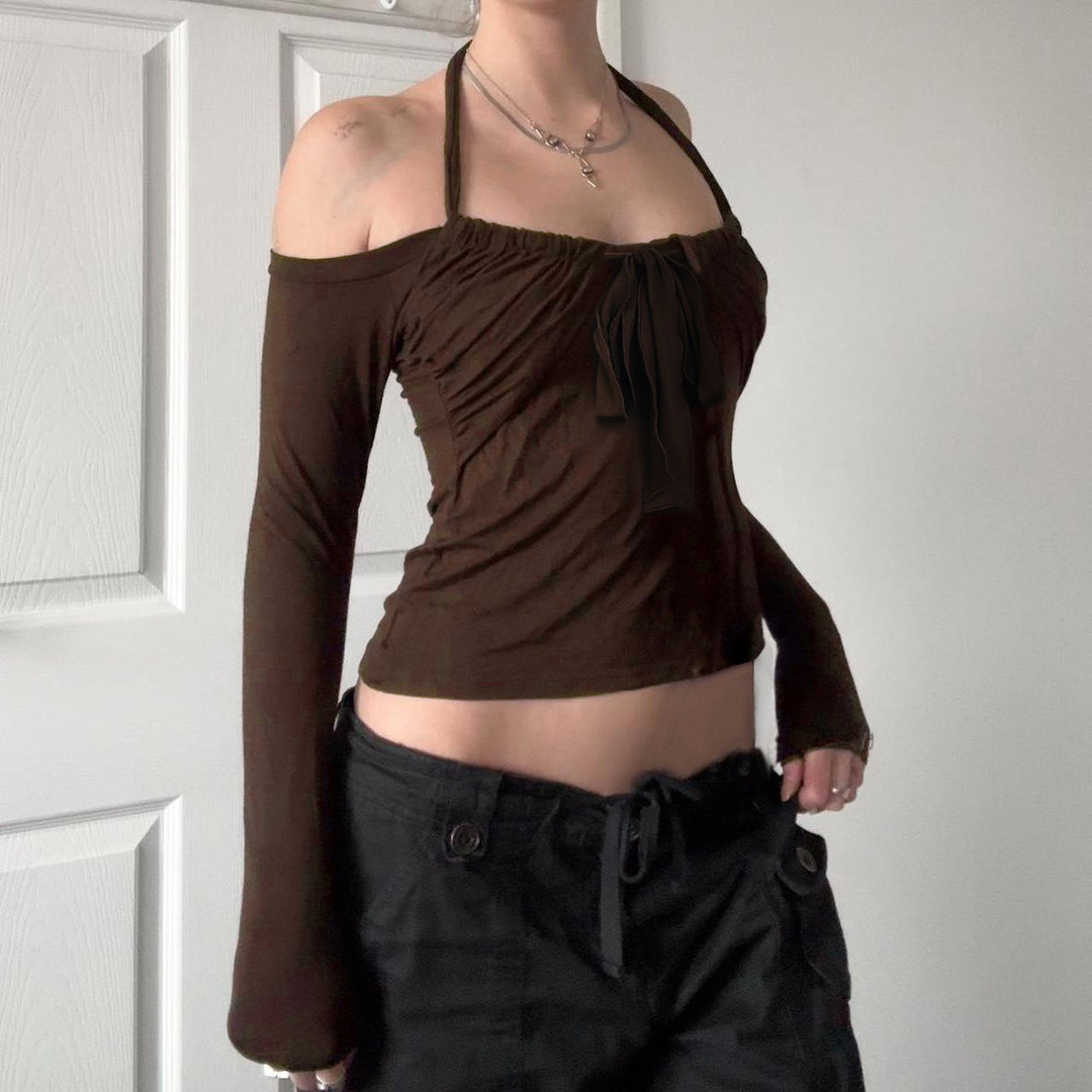 Damen Kurzgeschnittenes Schulterfreies Longsleeve mit Neckholder, Brustraffung und BindEcho Archivand – Avérine