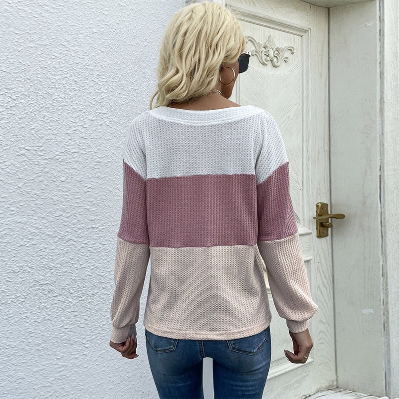 Damen Farbenblock Waffelstrick-Top mit V-Ausschnitt und Zierknopfleiste Echoarchiv
