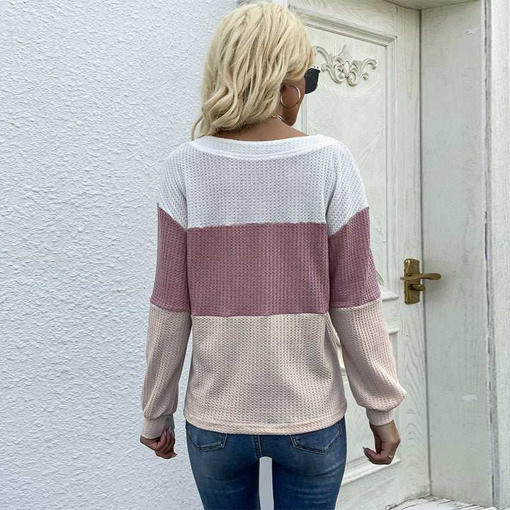 Damen Farbenblock Waffelstrick-Top mit V-Ausschnitt und Zierknopfleiste Echoarchiv