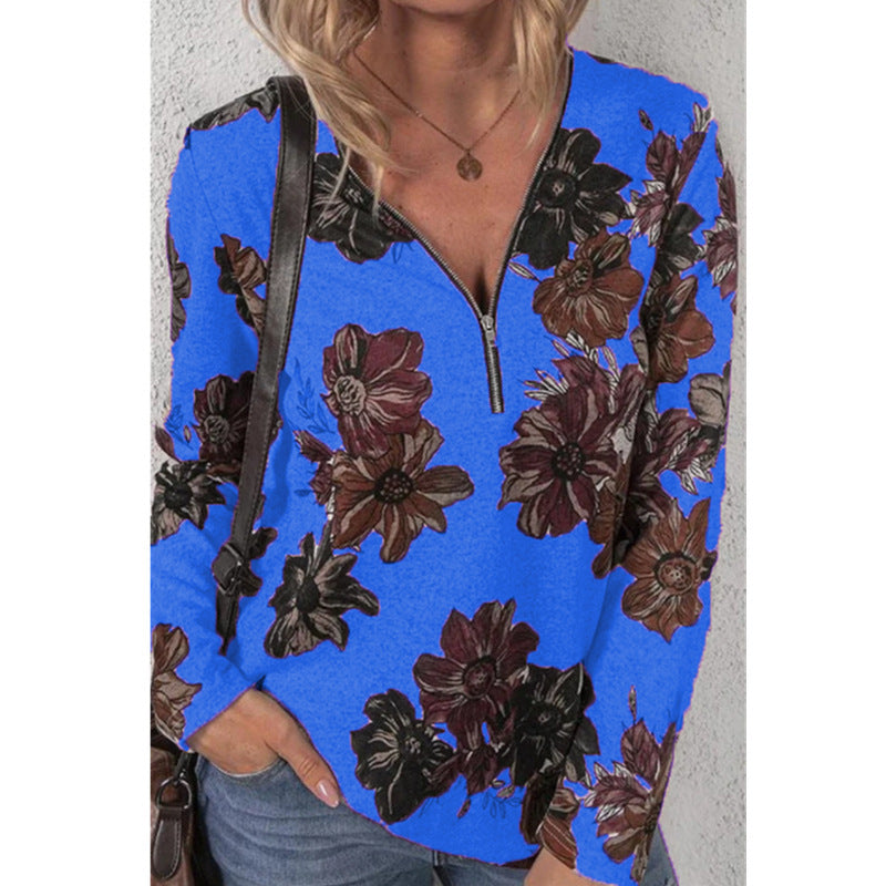 Damen lockeres V-Ausschnitt Longsleeve-Shirt mit kurzem Reißverschluss und floralem Allover-Druck – Orélia
