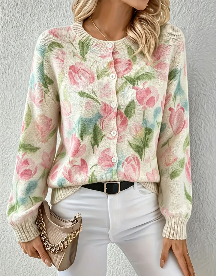 Damen Leichter Jacquard‑Strickcardigan mit Leo‑Print, Rundhalsausschnitt und Knopfleiste – Veloura