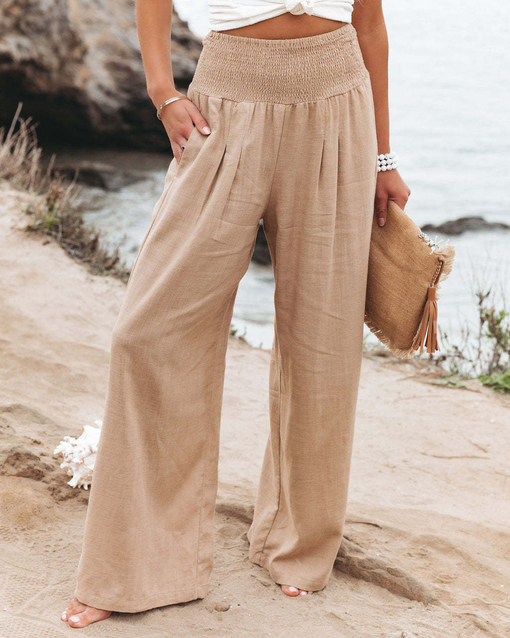 Damen weite Leinenhose mit elastischem Bund und Falten Echoarchiv