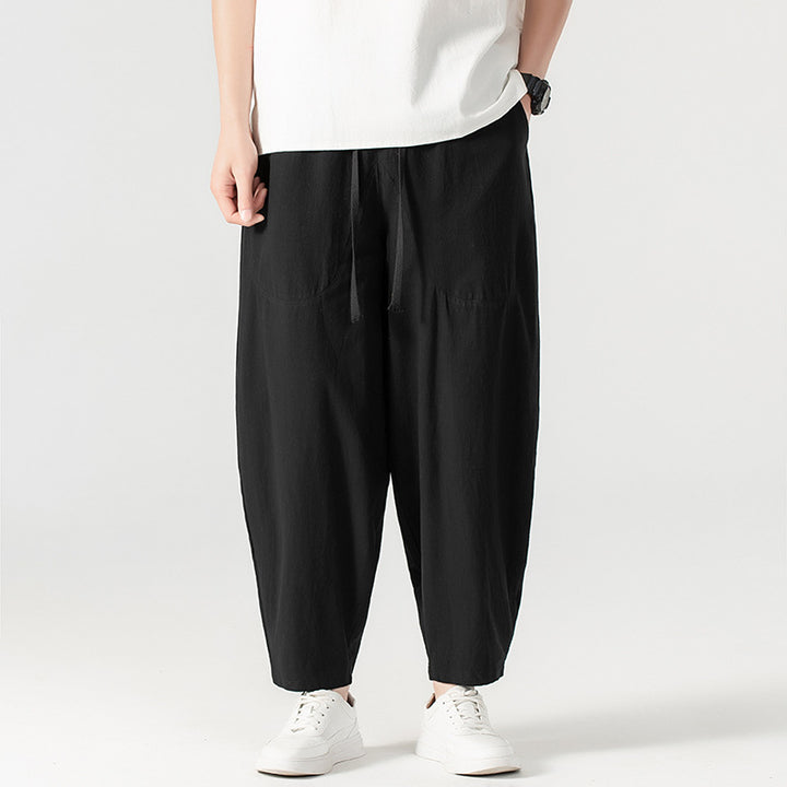 Herren Lässige Leinen-Baumwoll-Hose mit weitem Bein, Kordelzug und aufgesetzten Taschen Echoarchiv