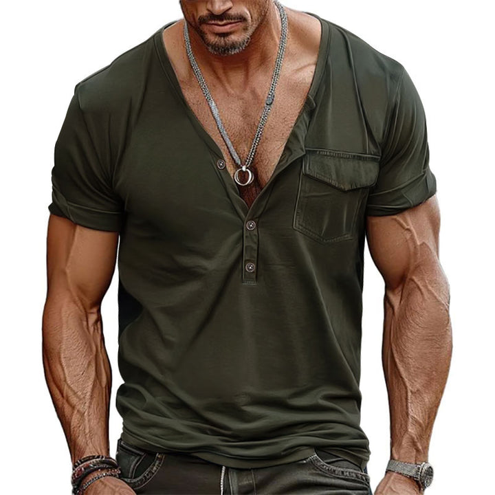 Herren Kurzarm-Henley-T-Shirt mit dekorativer Brusttasche und modernem Schnitt Echoarchiv