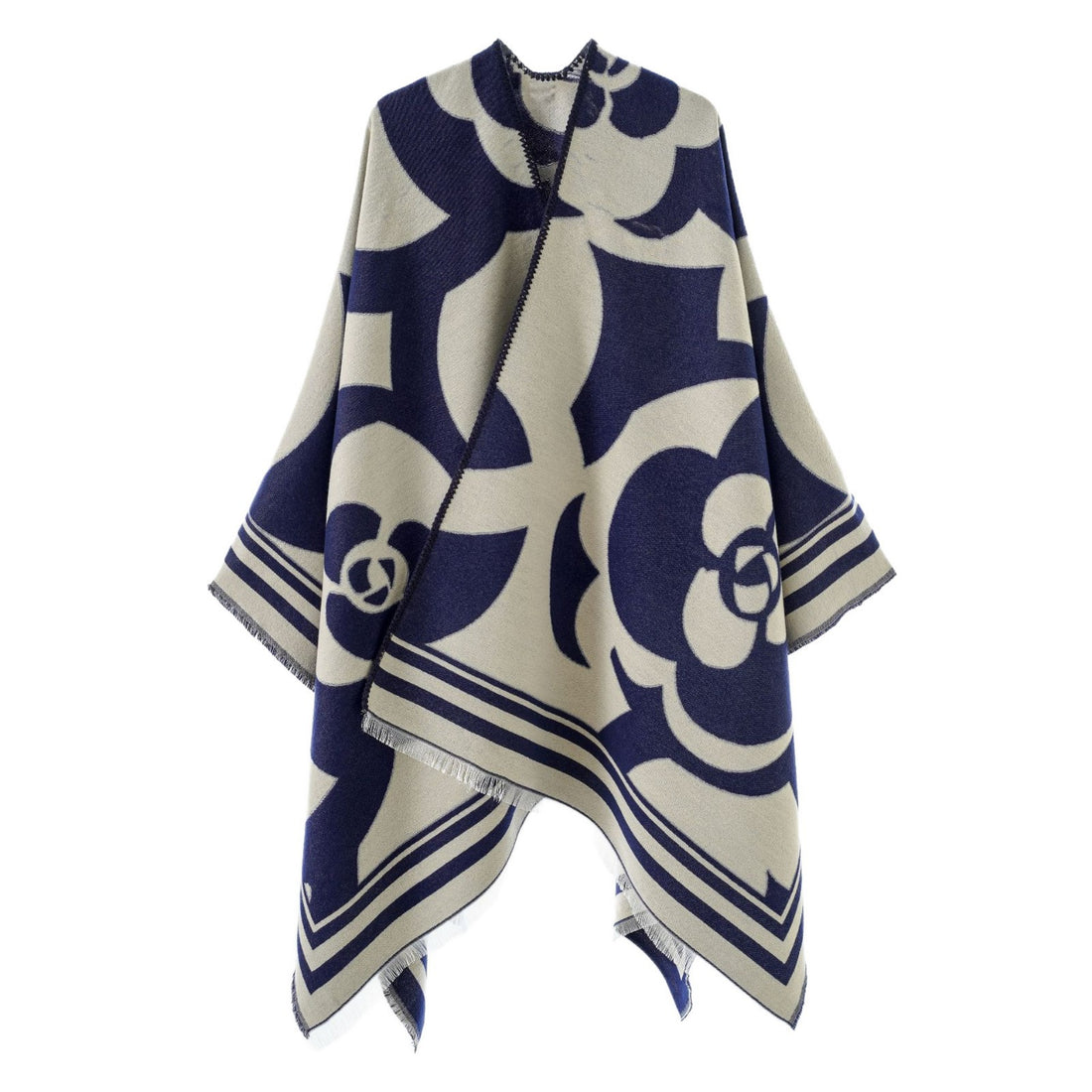 Damen Grobgewebter Jacquard-Überwurf mit großflächigem Ornamentmuster und Zierfransen – Avérine
