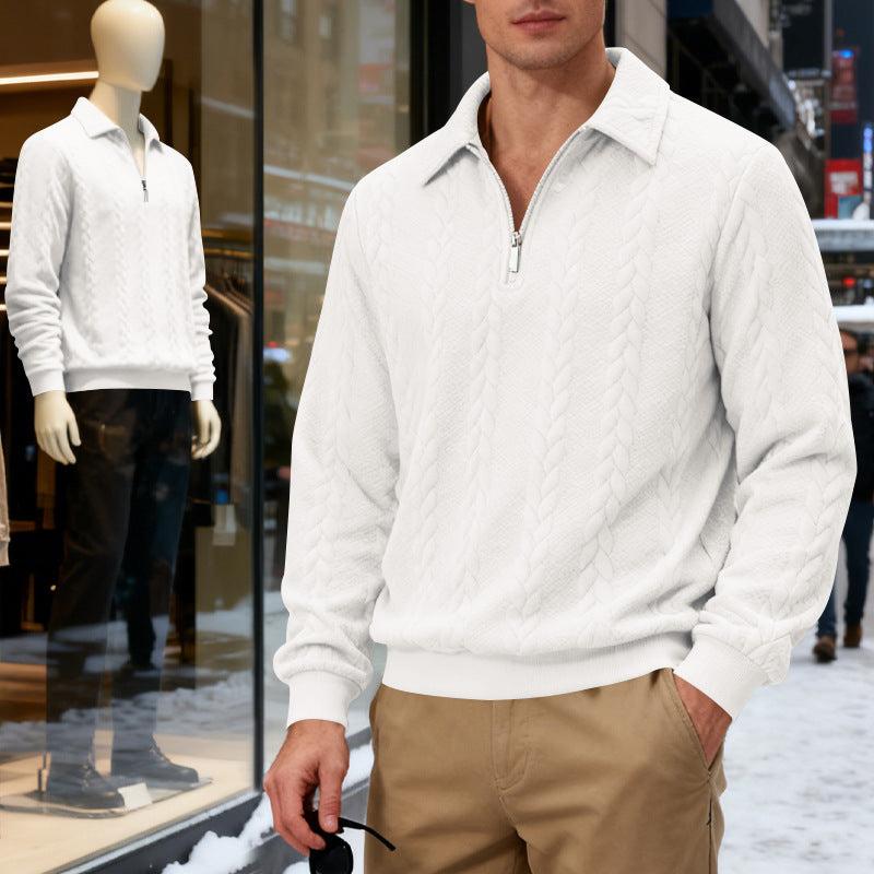 Herren nan strukturierter Strickpullover mit halbem Reißverschluss, Polokragen und Zopfmuster Echo Archiv