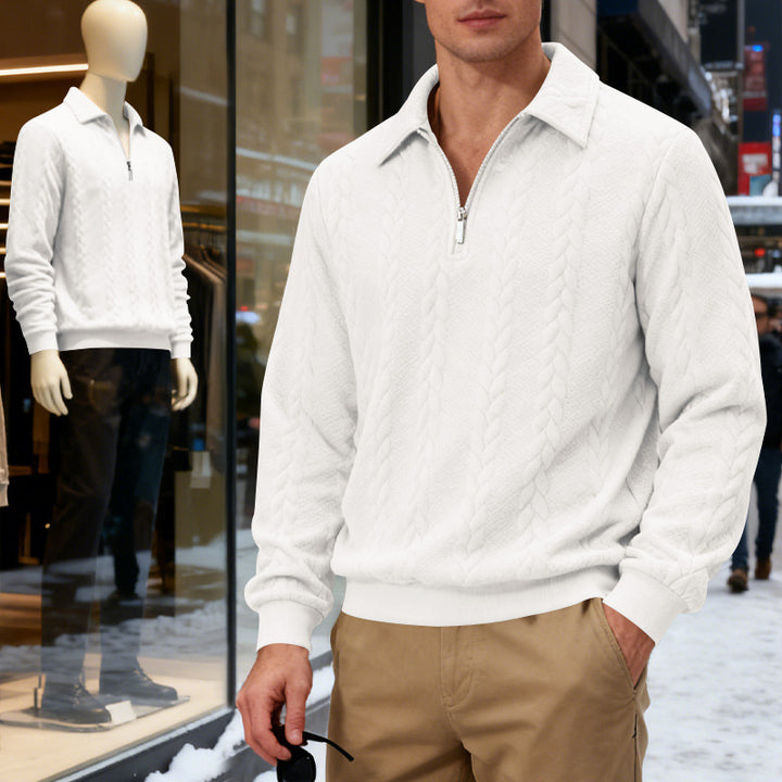 Herren nan strukturierter Strickpullover mit halbem Reißverschluss, Polokragen und Zopfmuster Echo Archiv