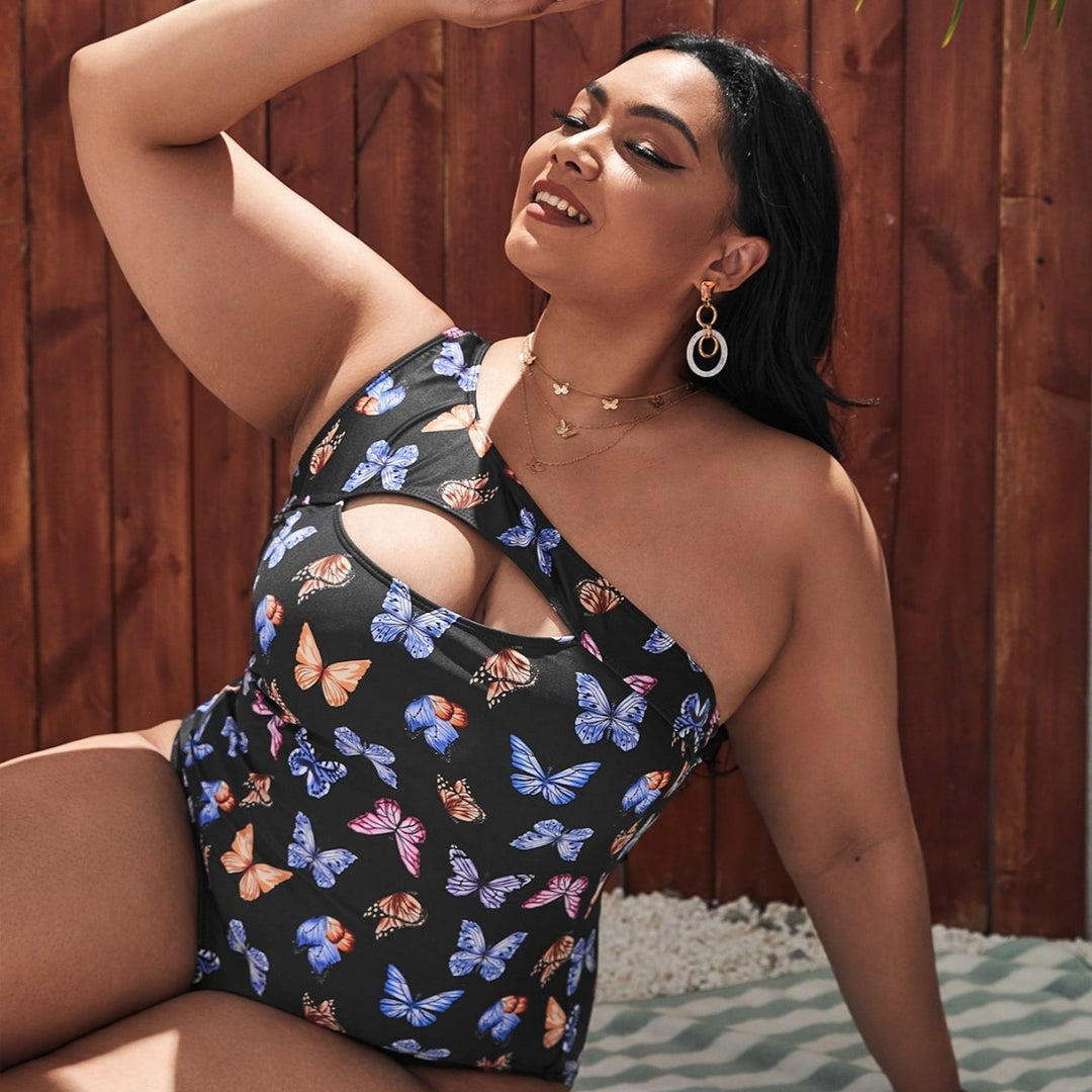 Damen Einseitiger Cut-Out Badeanzug mit floralen Schmetterlingsmotiven Echo Archiv
