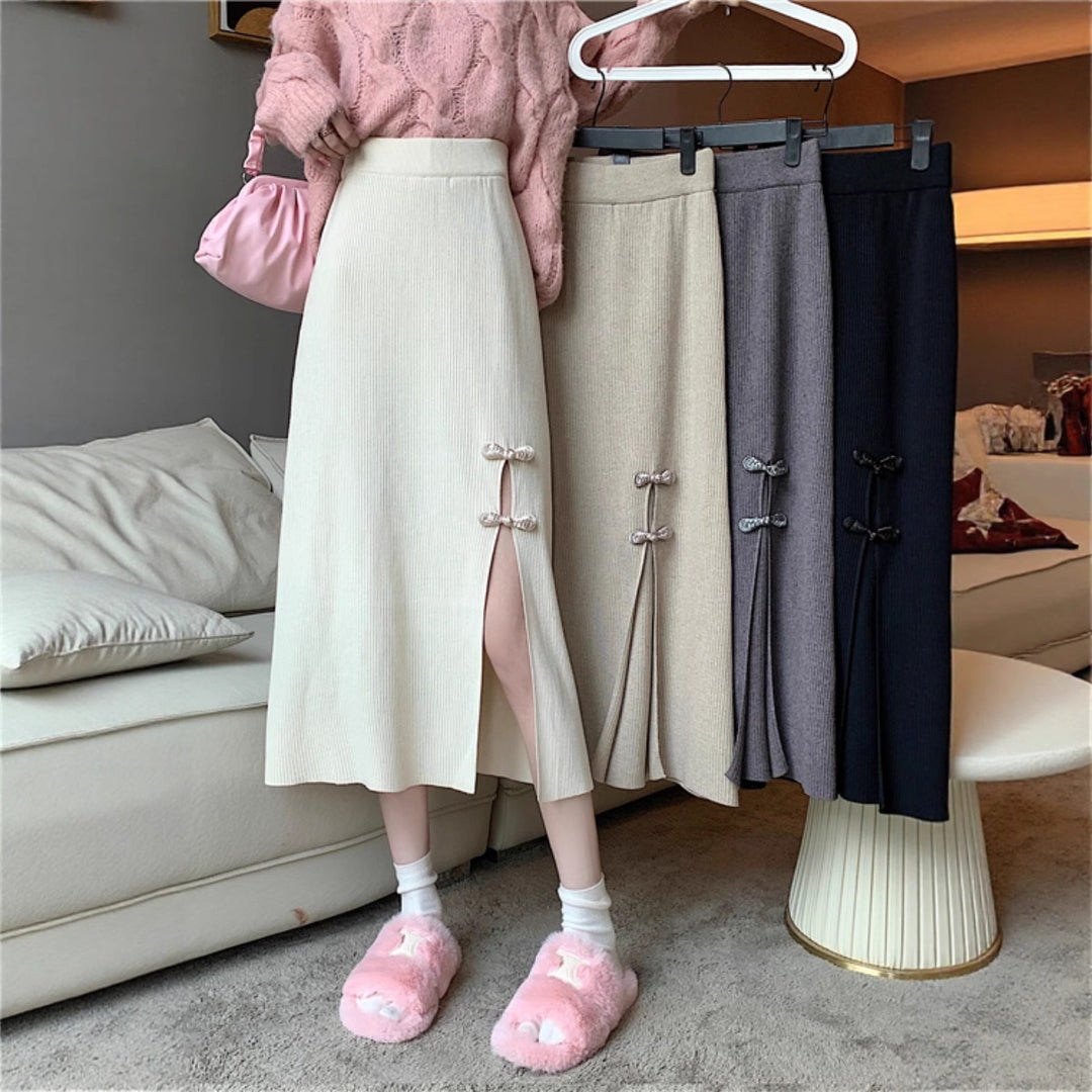 Damen Eleganter Strickrock mit Schlitz und Schleifendetails Echo Archiv