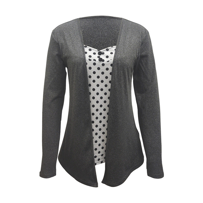 Damen Offener Longcardigan mit integriertem Tupfen-Einsatz und figurumspielender Innenbluse – Avérine