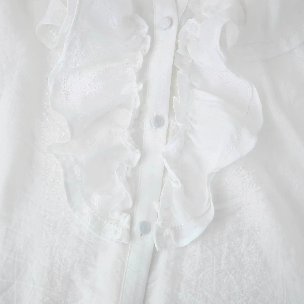 Damen romantische Volant-Bluse mit Stehkragen, verdeckter Knopfleiste und langen Ärmelrüschen – Élovi