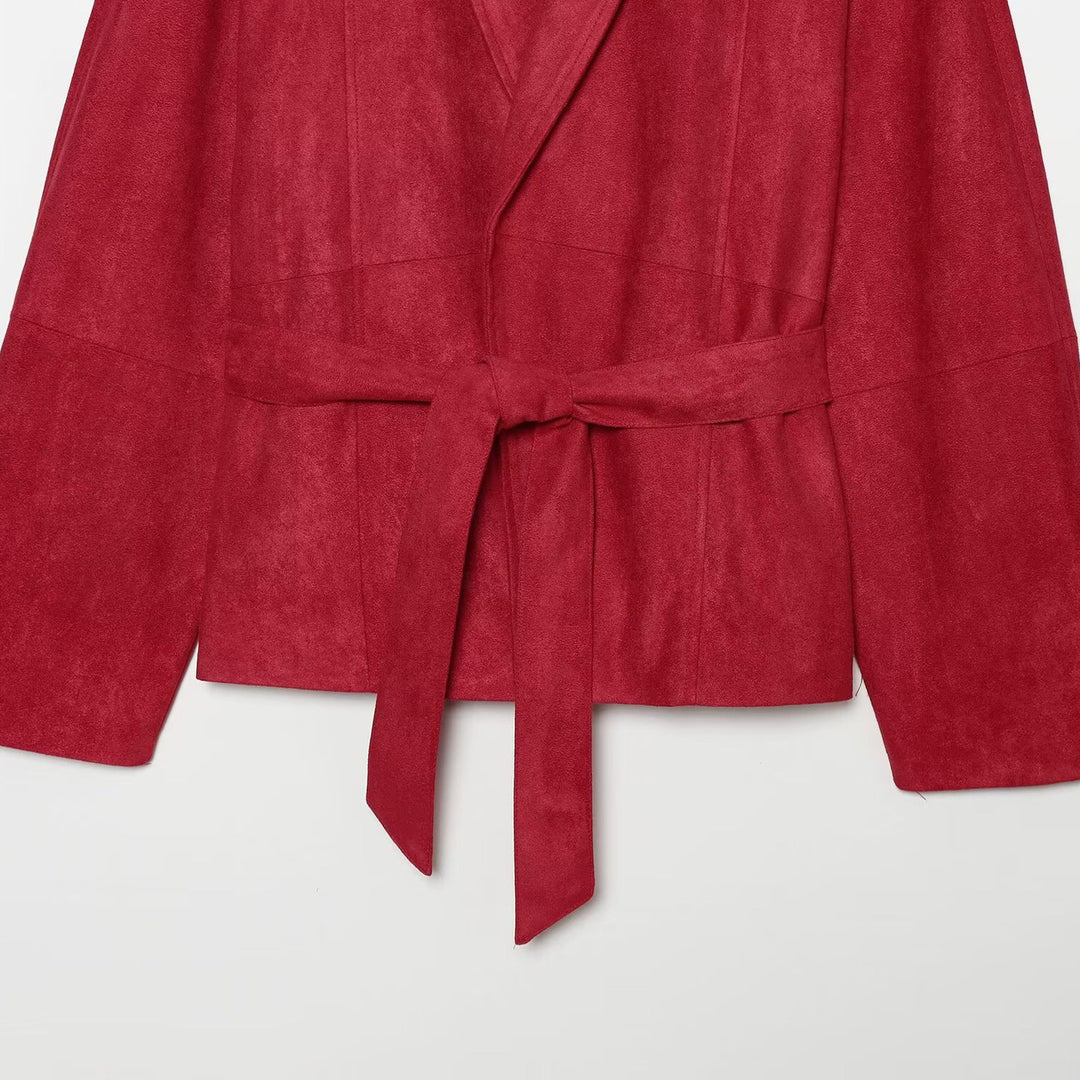Damen Cropped Jacke im Kimono-Stil aus Veloursoptik mit Schalkragen und Bindegürtel Echoarchiv