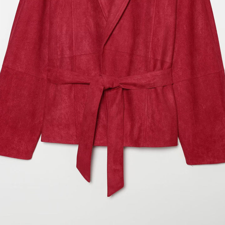 Damen Cropped Jacke im Kimono-Stil aus Veloursoptik mit Schalkragen und Bindegürtel Echoarchiv